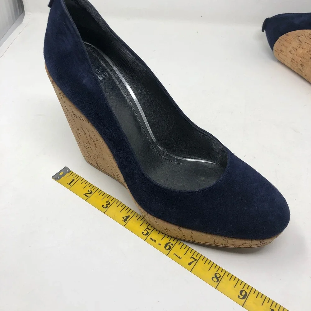 Stuart Weitzman Wedge Pumps Womens 9.5 Navy Blue Suede Cork Platform